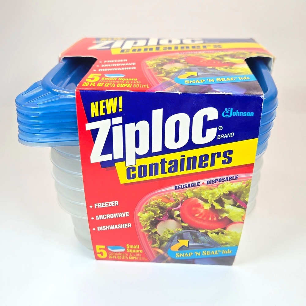 Vintage 1998 Ziploc Containers‎ 5 Pack Small Square 20oz Snap N Seal Lids NEW